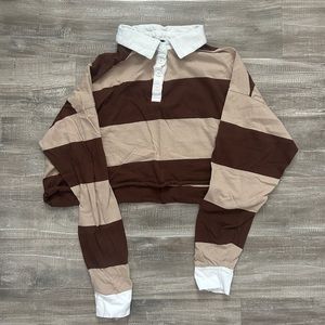 Faded Rose Brown Striped Collared Long Sleeve Crop Top Size Small